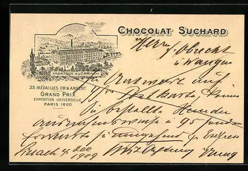 AK Lörrach, Reklame für Chocolat Suchard, Fabrikansicht Lörrach, Paris Grand Prix 1900, Ganzsache
