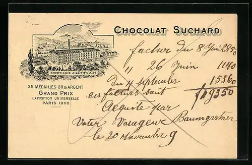 AK Lörrach, Reklame für Chocolat Suchard, Fabrikansicht Lörrach, Paris Grand Prix 1900, Ganzsache