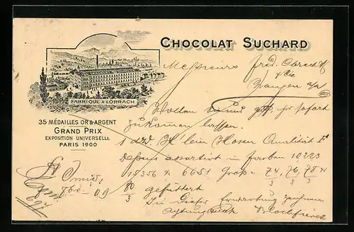 AK Lörrach, Reklame für Chocolat Suchard, Fabrikansicht Lörrach, Paris Grand Prix 1900, Ganzsache