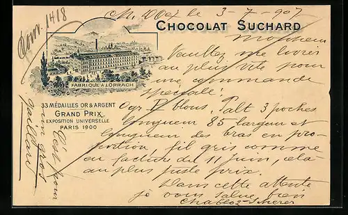 AK Lörrach, Reklame für Chocolat Suchard, Fabrikansicht Lörrach, Paris Grand Prix 1900