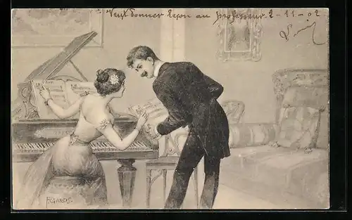 Künstler-AK F. Gareis: Liebespaar mit Notenblättern am Klavier