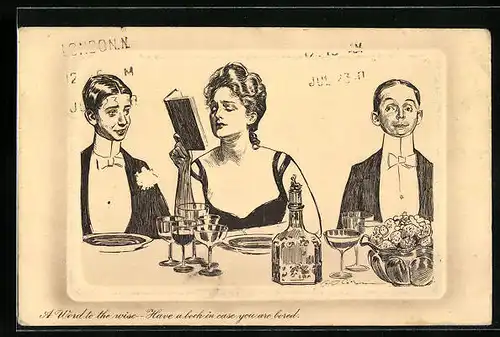 Künstler-AK Charles Dana Gibson: A Word to the wise - have a book in case you are bored, Frau liest im Buch