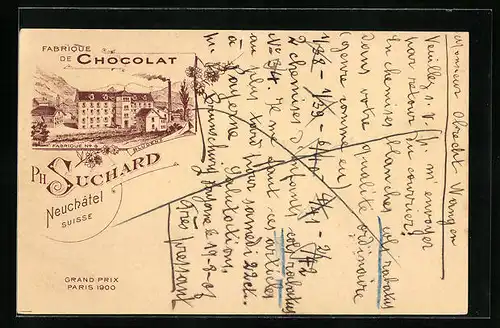 AK Bludenz, Reklame für Chocolat Suchard, Fabrikansicht Bludenz, Grand Prix Paris 1900, Ganzsache