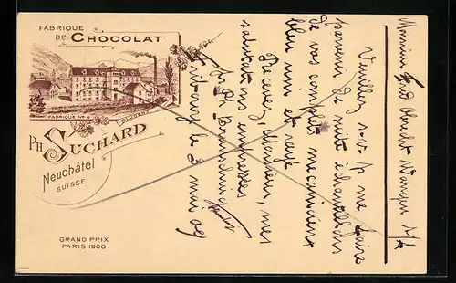 AK Bludenz, Reklame für Chocolat Suchard, Fabrikansicht Bludenz, Grand Prix Paris 1900, Ganzsache