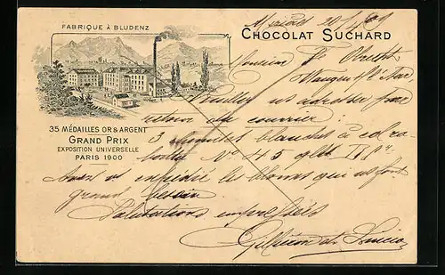 AK Bludenz, Reklame für Chocolat Suchard, Fabrikansicht Bludenz, Grand Prix Paris 1900, Ganzsache