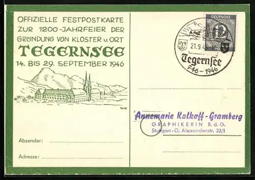 AK Tegernsee, Festpostkarte zur 1200 Jahrfeier der Gründung von Kloster u. Ort Tegernsee 1946