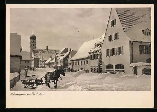 AK Schongau, Ortsansicht im Winter, Pferdeschlitten in der Strasse
