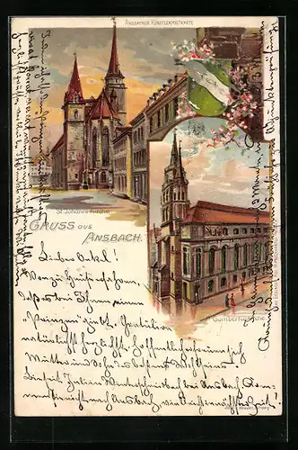 Lithographie Ansbach, St. Johann-Kirche und Gumbertuskirche