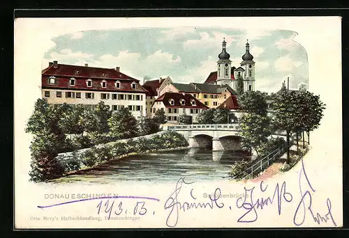 Lithographie Donaueschingen, Partie an der Schützenbrücke