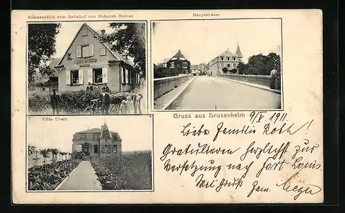 AK Drusenheim, Restaurant zum Bahnhof, Villa Urach, Hauptstrasse