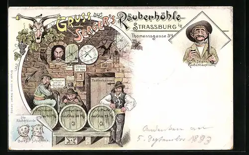 Lithographie Strassburg i /E., Gasthaus Serger`s Räuberhöhle, Thomannsgasse 34, Räuberhauptmann Serger