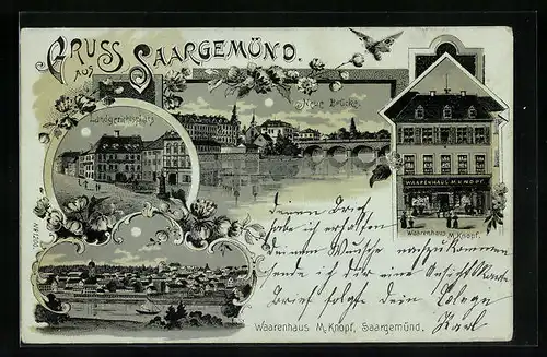 Mondschein-Lithographie Saargemünd, Warenhaus m. Knopf, Landgerichtsplatz, Teilansicht