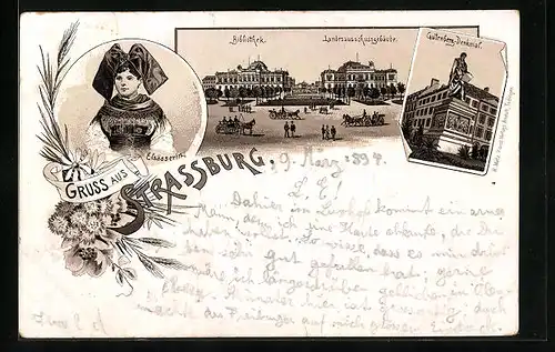 Vorläufer-Lithographie Strassburg, 1894, Bibliothek & Landesausschussgebäude, Gutenberg-Denkmal, Elsässerin