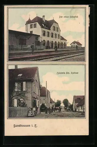 AK Sundhausen i. E., Der neue Bahnhof, Epicerie Alb. Rohner