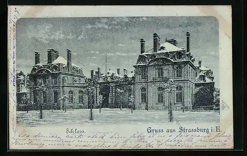 Mondschein-AK Strassburg, Schloss im Winterglanz