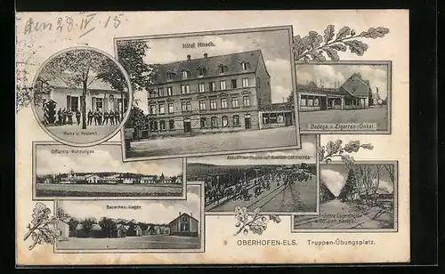 AK Oberhofen i. Els., Hotel Hirsch, Bodega und Zigarren-Onkel, Wache & Postamt