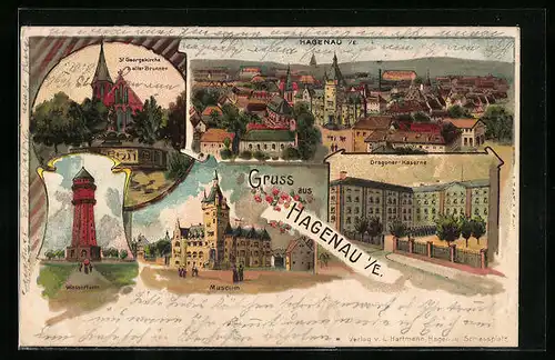 Künstler-AK Hagenau i /E., Dragoner-Kaserne, Museum, Wassertrum