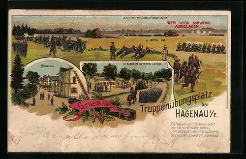 Künstler-AK Hagenau i /E., Truppenübungsplatz, Baracken, Strasse im unteren Lager mit Soldaten