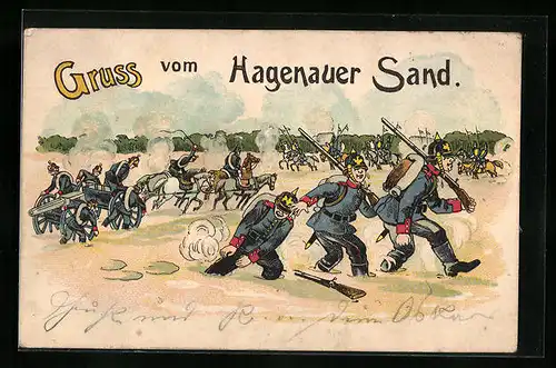 Künstler-AK Hagenau, Hagenauer Sand und Soldaten mit Kanone und Pferden