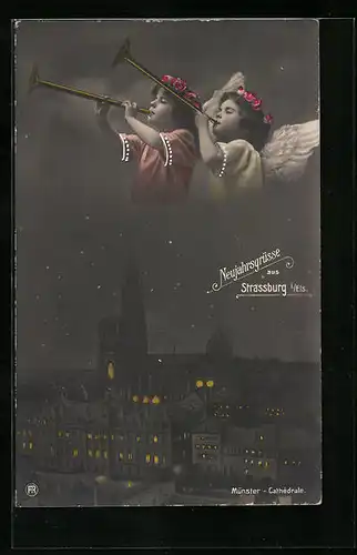 AK Strassburg i. Els., Münster bei Nacht und zwei Engel mit Fanfaren