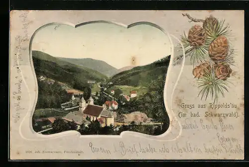 Passepartout-AK Rippoldsau / Schwarzwald, Gesamtansicht, Tannenzweig mit Tannenzapfen