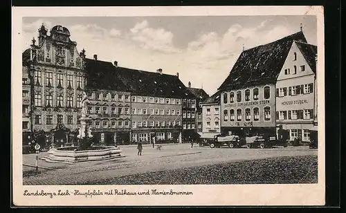 AK Landsberg a. L., Hauptplatz mit Rathaus und Marienbrunn