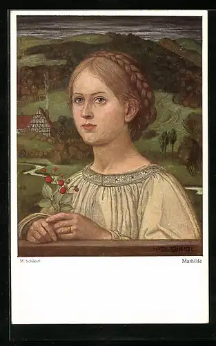 Künstler-AK Matthäus Schiestl: Acht Gemälde, junge Frau mit Zweig in der Hand, Blick auf den Hof