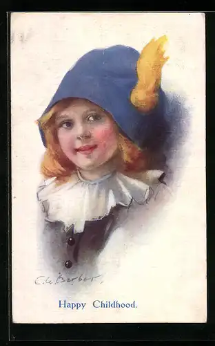 Künstler-AK Court Barber: Happy Childhood, Mädchen mit blauem Hut sieht glücklich aus