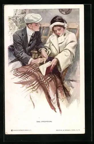 Künstler-AK Harrison Fisher: the proposal, Frau liest ein Buch und ein Mann bittet um ihre Hand