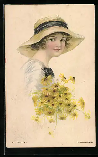 Künstler-AK Alice Luella Fidler: junge Frau mit Hut und Blumen dargestellt
