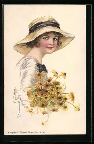 Künstler-AK Alice Luella Fidler: the girl with yellow flowers and a summery hat