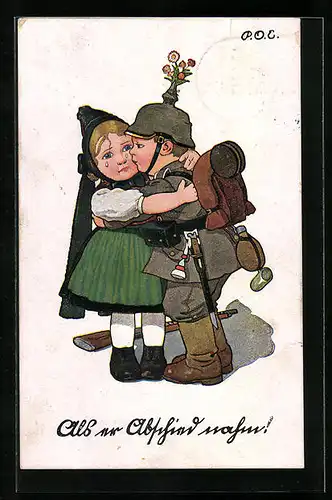 Künstler-AK P. O. Engelhard (P.O.E.): Kindersoldat umarmt die Freundin zum Abschied