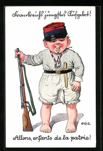 Künstler-AK P. O. Engelhard (P.O.E.): Frankreich jüngstes Aufgebot, Kindersoldat mit Holzmesser und Spielzeuggewehr
