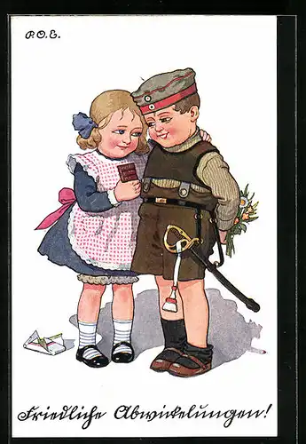 Künstler-AK P. O. Engelhard (P.O.E.): Mädchen in Tracht und Junge in Uniform teilen sich Schokolade