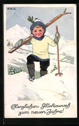 Künstler-AK P. O. Engelhard (P.O.E.): Skifahrer im Schnee, Neujahresgruss