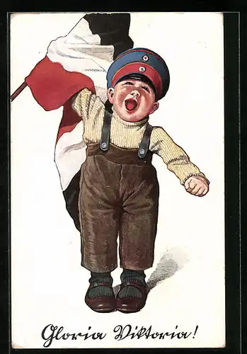 Künstler-AK P. O. Engelhard (P.O.E.): Gloria Viktoria, Junge mit Reichsflagge, unsigniert