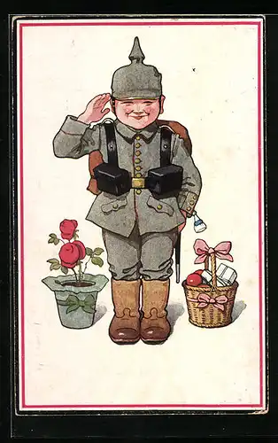 Künstler-AK P. O. Engelhard (P.O.E.): der junge Soldat in Uniform mit dem Geschenkkorb und einer Blume, unsigniert