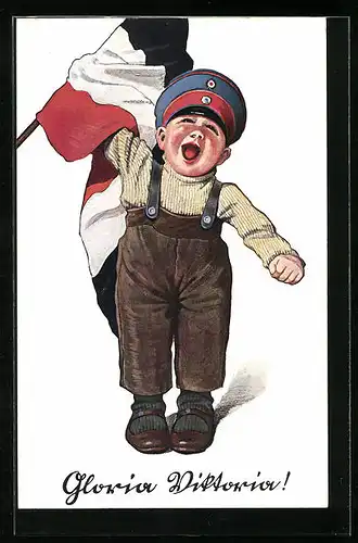 Künstler-AK P. O. Engelhard (P.O.E.): Gloria Viktoria, der Junge jubelt mit der Reichflagge, unsigniert