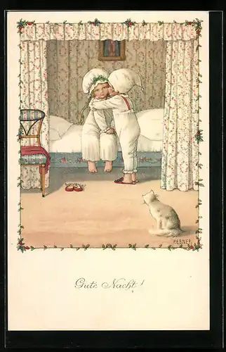 Künstler-AK Pauli Ebner: Kinder in Schlafröcken auf dem bett, von der Katze beobachtet