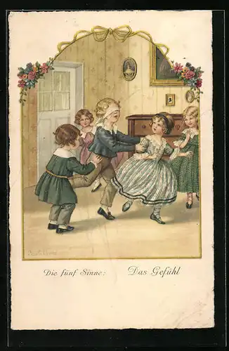 Künstler-AK Pauli Ebner: die fünf Sinne, das Gefühl, Kinder spielen mit verbundenen Augen