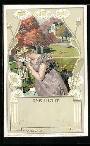 Künstler-AK H. Schubert: weinende Frau auf einer Bank, den Brief des Liebsten in der Hand