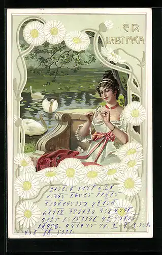 Künstler-AK H. Schubert: Frau auf einer Bank am Schwanenteich denkt an den Liebsten, er liebt mich