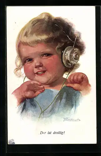 Künstler-AK Wally Fialkowska: Der ist drollig!, kleiner Junge mit Kopfhörern auf dem Kopf