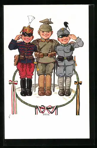 Künstler-AK P. O. Engelhard (P.O.E.): drei junge Soldaten in Uniformen