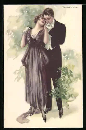 Künstler-AK Tito Corbella: Pärchen in Abendgarderobe schmusend im Garten