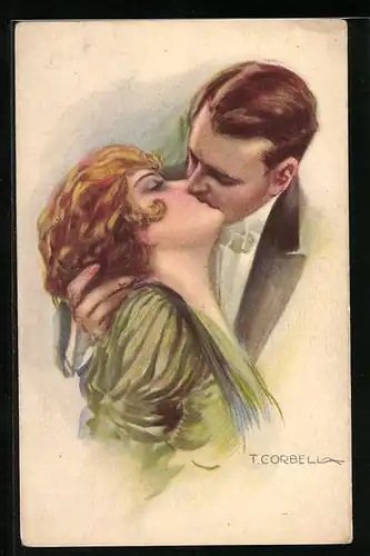 Künstler-AK Tito Corbella: der Kuss eines Liebespaares in Abendgarderobe