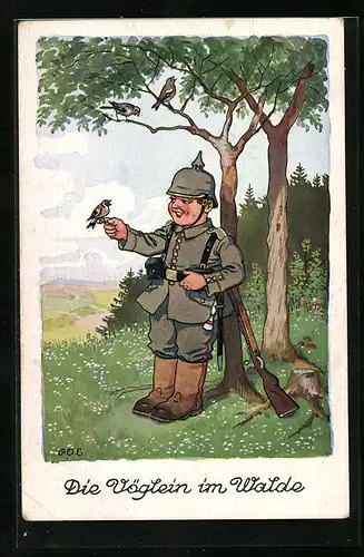Künstler-AK P. O. Engelhard (P.O.E.): die Vöglein im Walde, der Soldat in Uniform am Waldrand