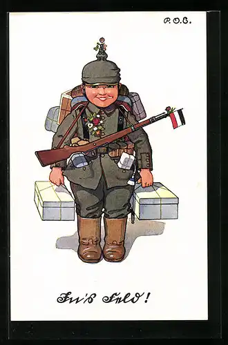 Künstler-AK P. O. Engelhard (P.O.E.): junger Soldat in Uniform mit Päckchen zieht ins Feld