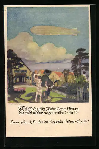 Künstler-AK Otto Amtsberg: das Zeppelin über dem Ort, Mutter mit Kind