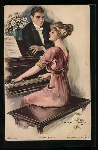 Künstler-AK F. Earl Christy: Mann und Frau in Abendkleidung am Klavier